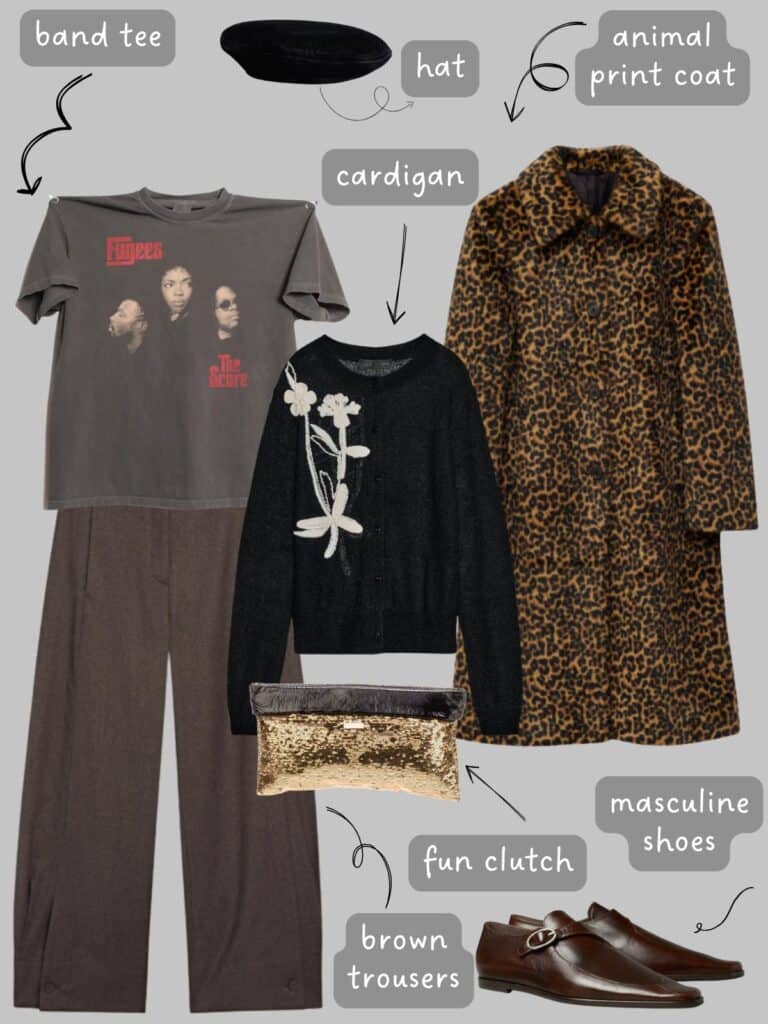 A photo of an outfit of a Fugees t-shirt, black cardigan, brown trousers, an animal print coat, a sequin clutch, and brown masculine shoes.