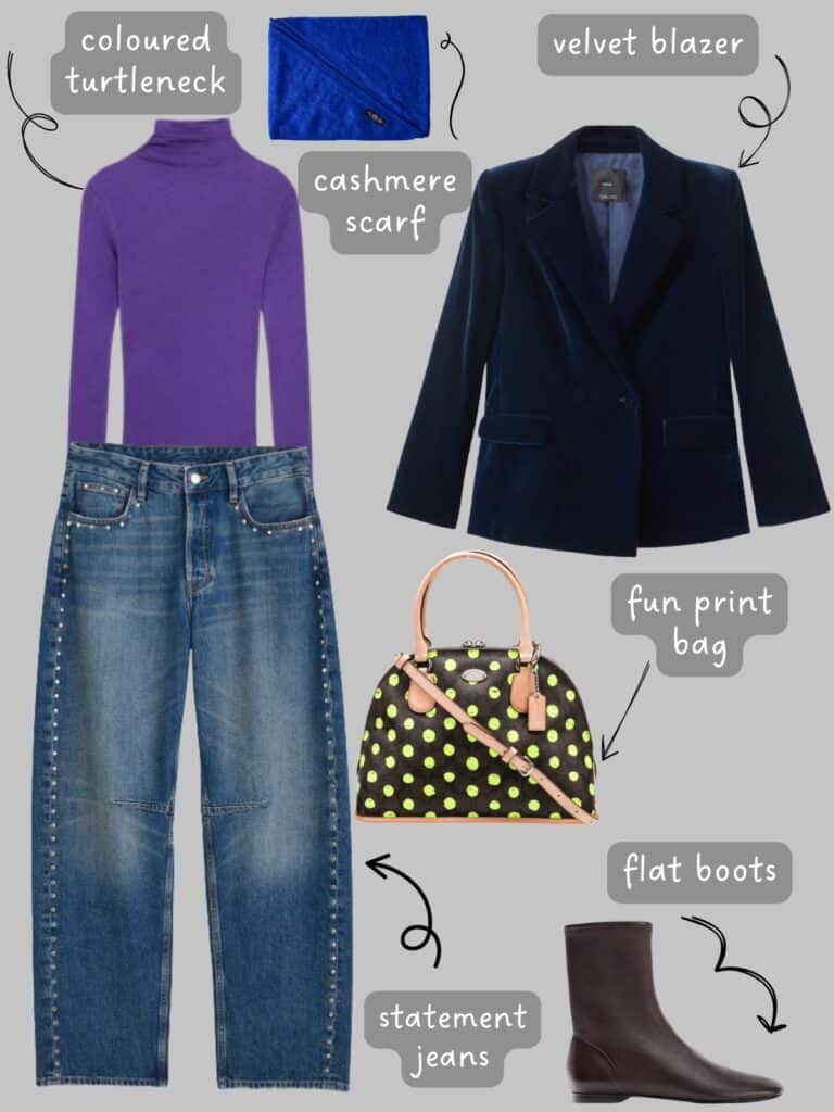 A photo of an outfit of a purple turtleneck, studded jeans, a blue velvet blazer, brown flat boots, and a polka dot bag.