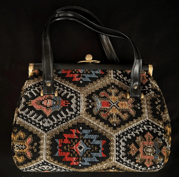 1960s Tapestry Carpet Bag: Mid Century Geometric Purse