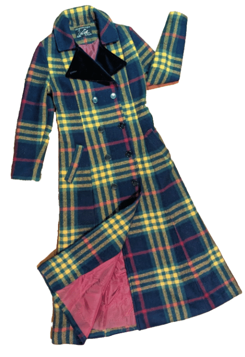 Vintage 2nd Coat Double Breasted Blue Velvet Collar Checkered Maxi 1970s