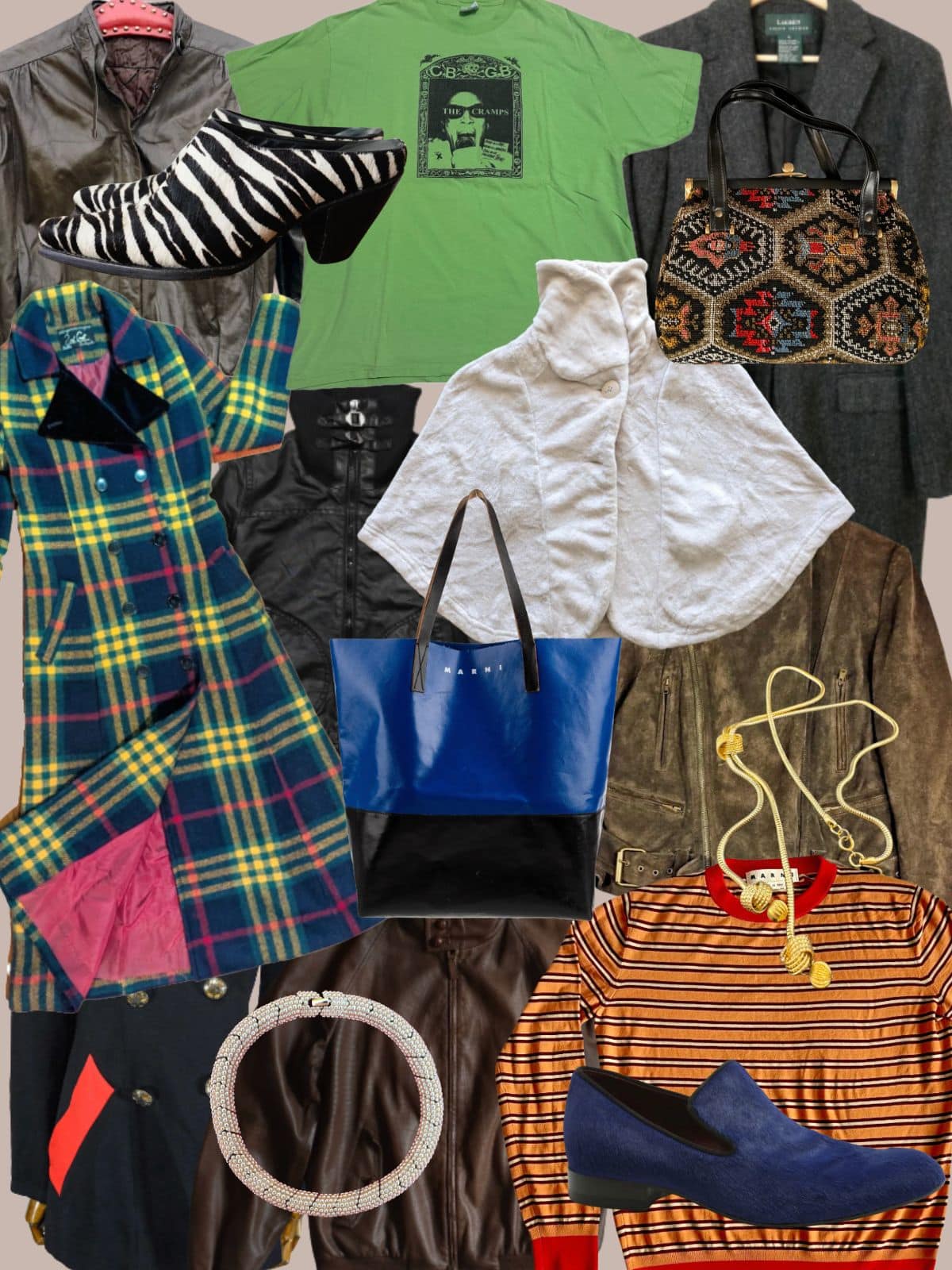 a collage of different types of women's clothing and accessories. All vintage or secondhand.