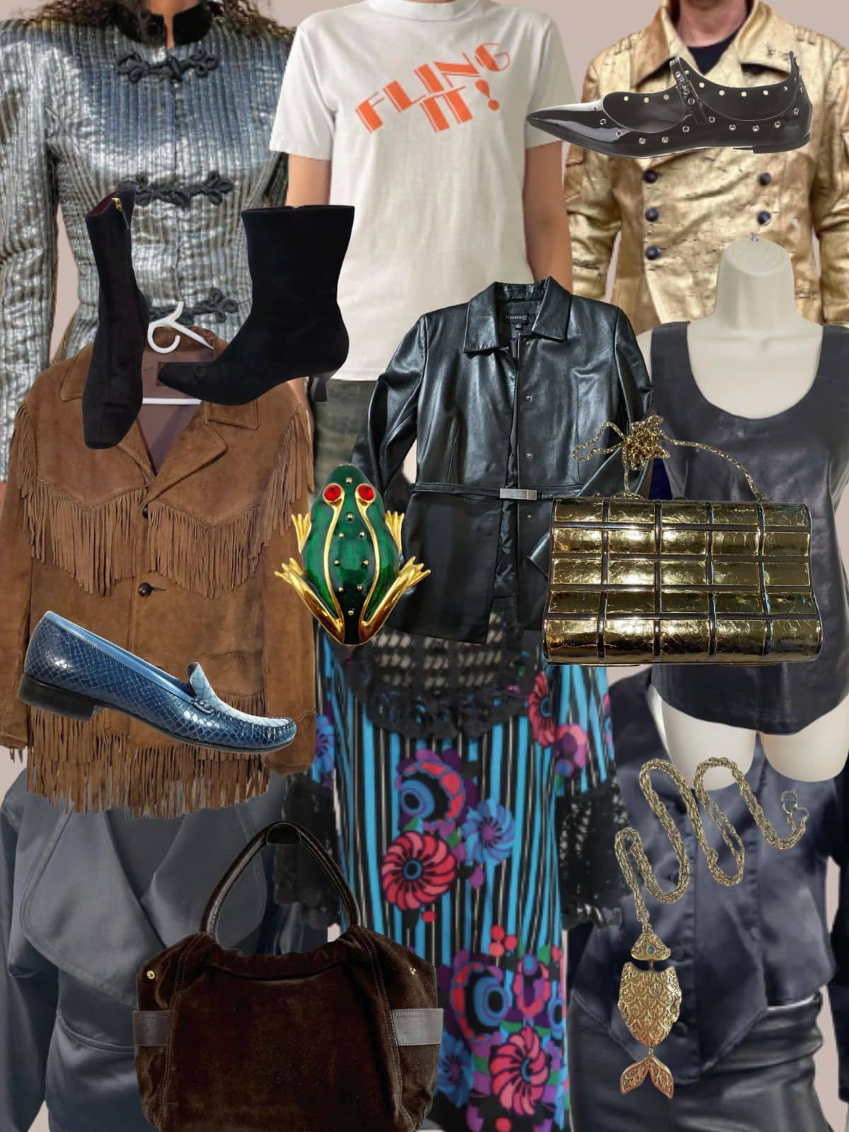 a collage of different types of women's clothing and accessories. All vintage or secondhand.