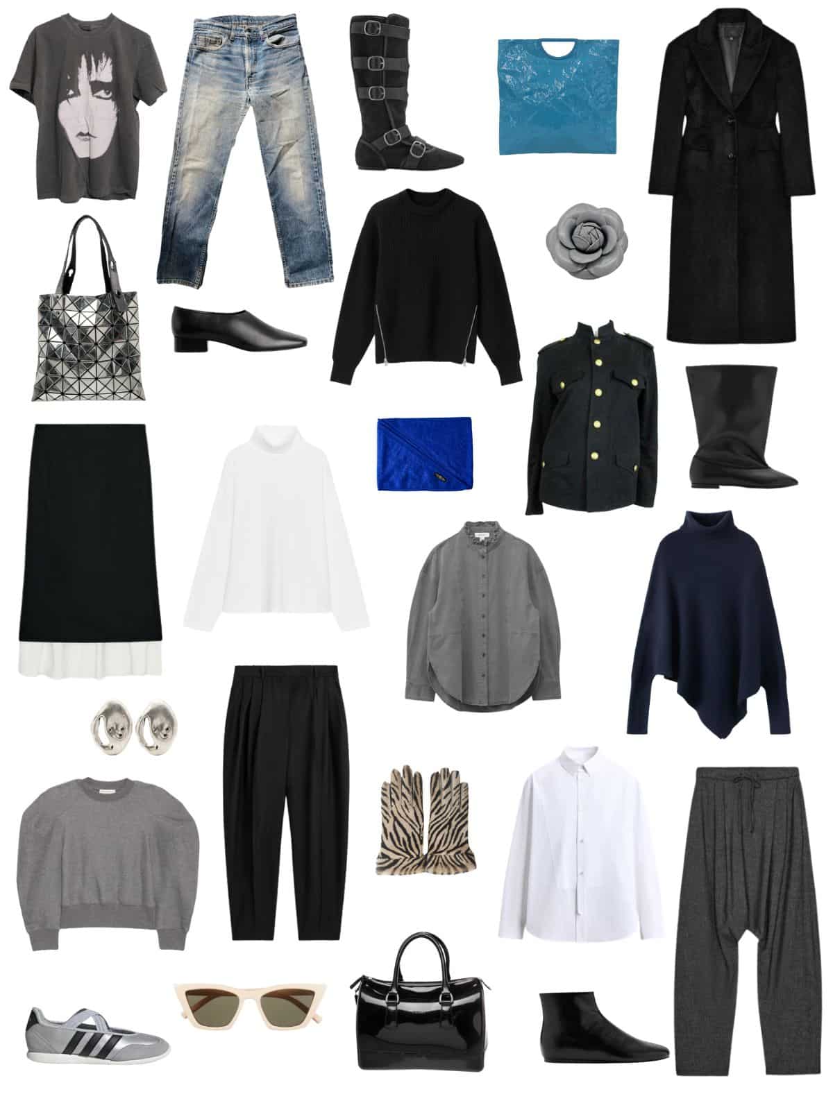 A white background with 13 pieces plus shoes and accessories for The Winter Edgy Minimalist Edit.