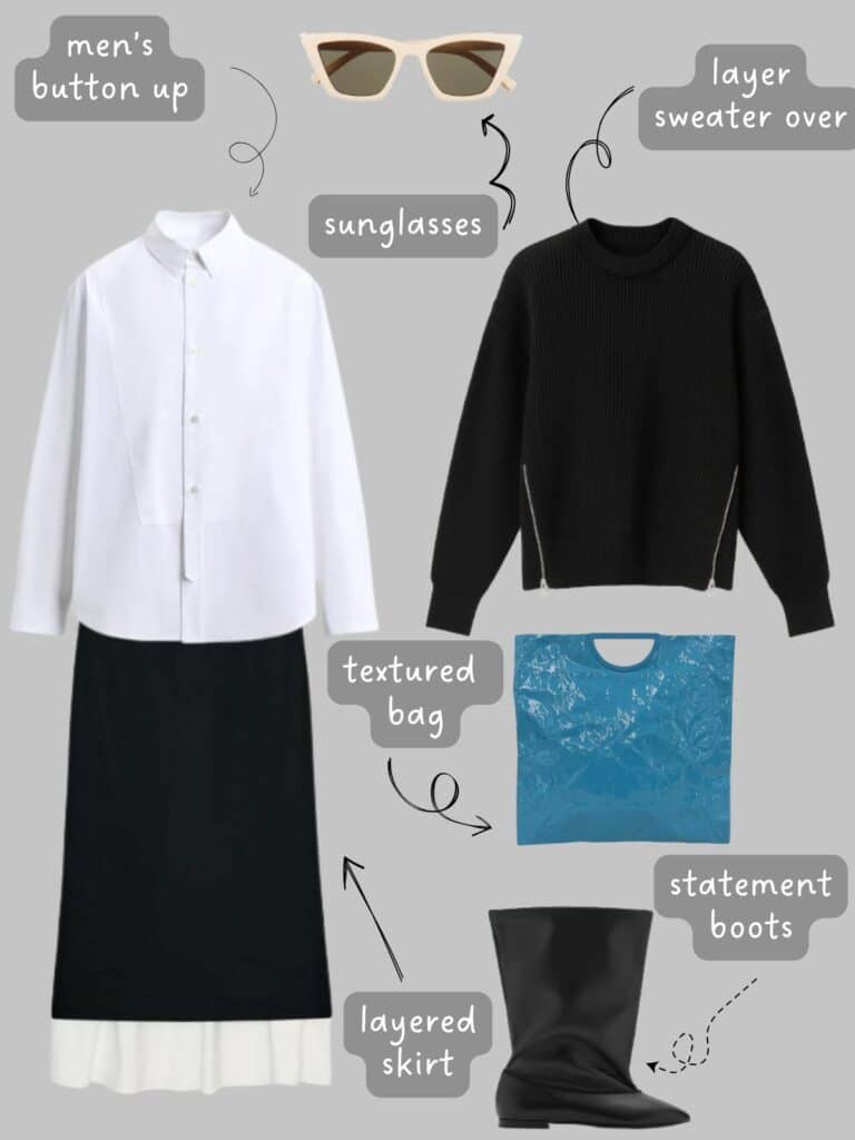 A photo of an outfit of a men's white button up, black sweater with side zippers, a black layered pencil skirt, wide boots, and a blue bag.