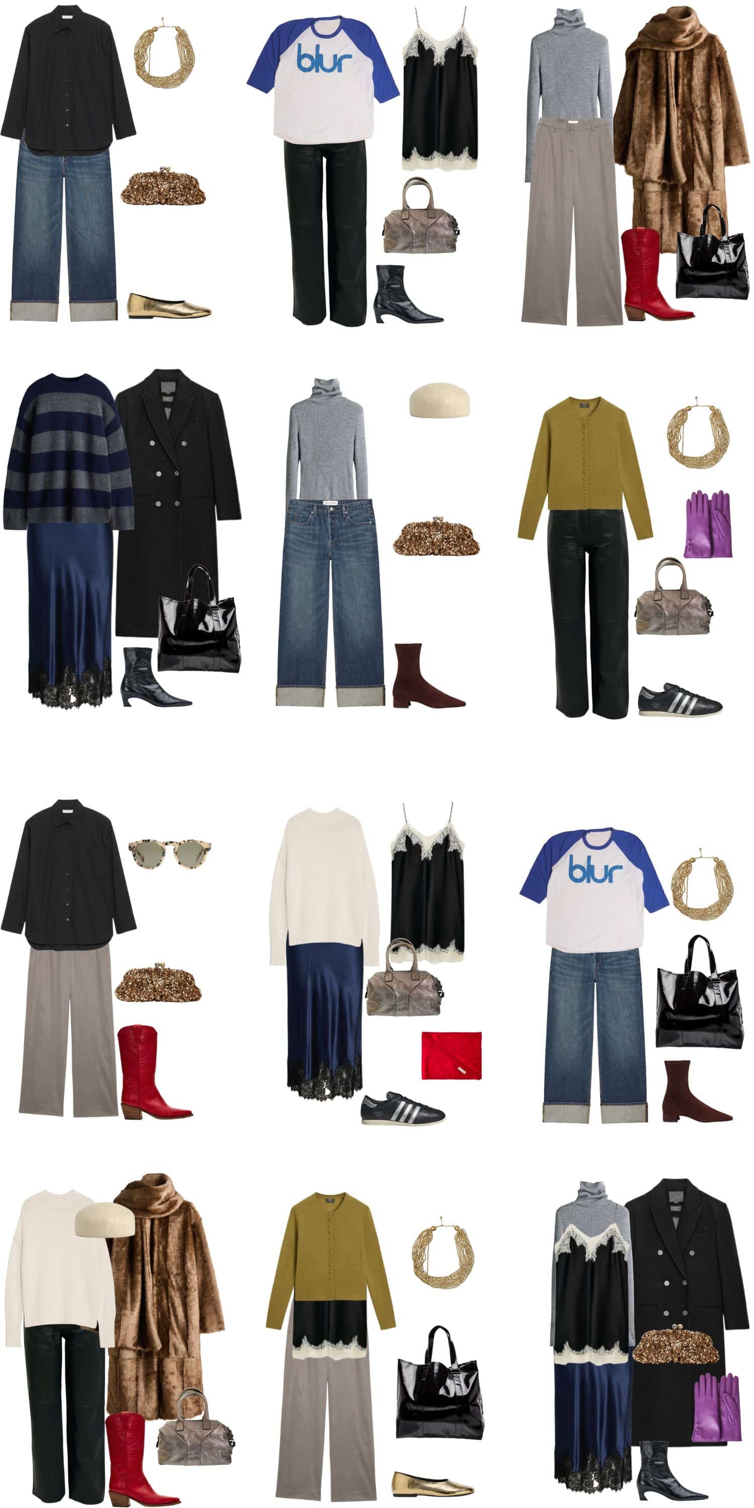 A white background with 12 outfits for A Modern Indie Sleaze Winter Capsule Wardrobe.