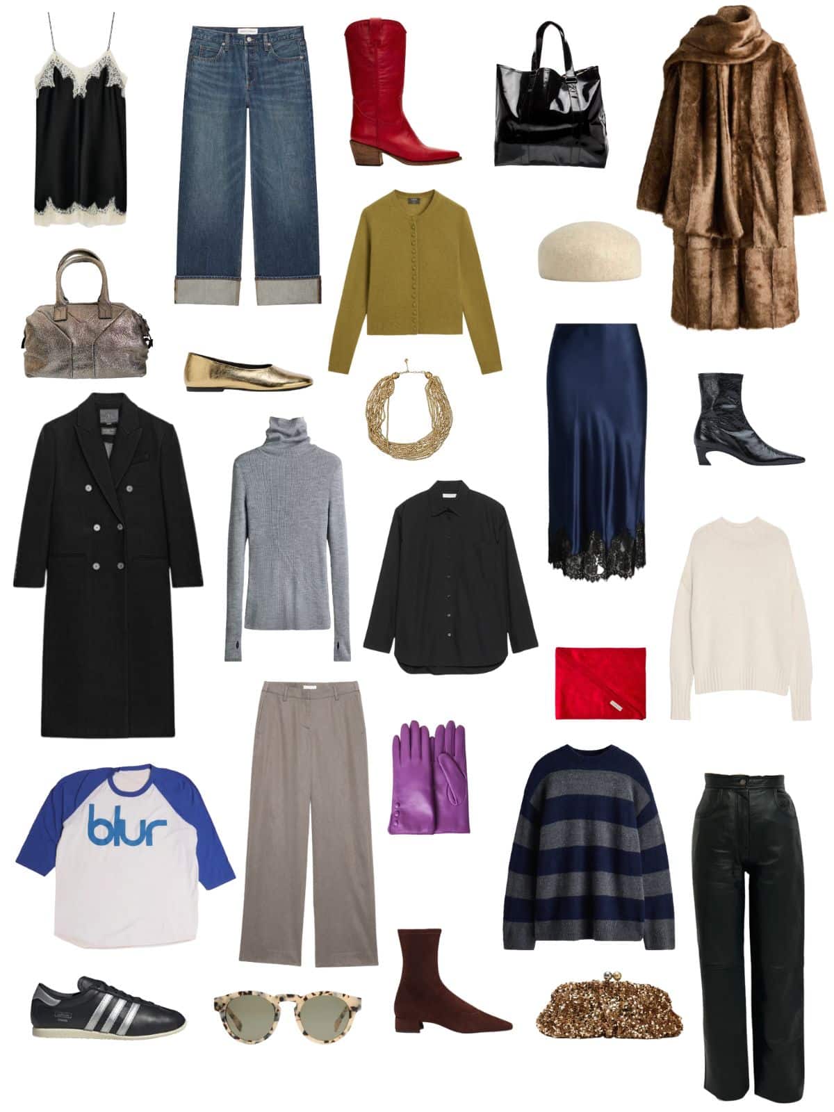 A white background with 13 pieces plus shoes and accessories for A Modern Indie Sleaze Winter Capsule Wardrobe.