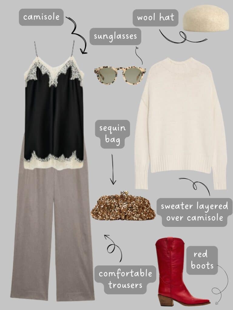 A photo of an outfit of a cream sweater layered over a black camisole, grey trousers, red boots, a cream wool hat, sunglasses, and a sequin clutch.