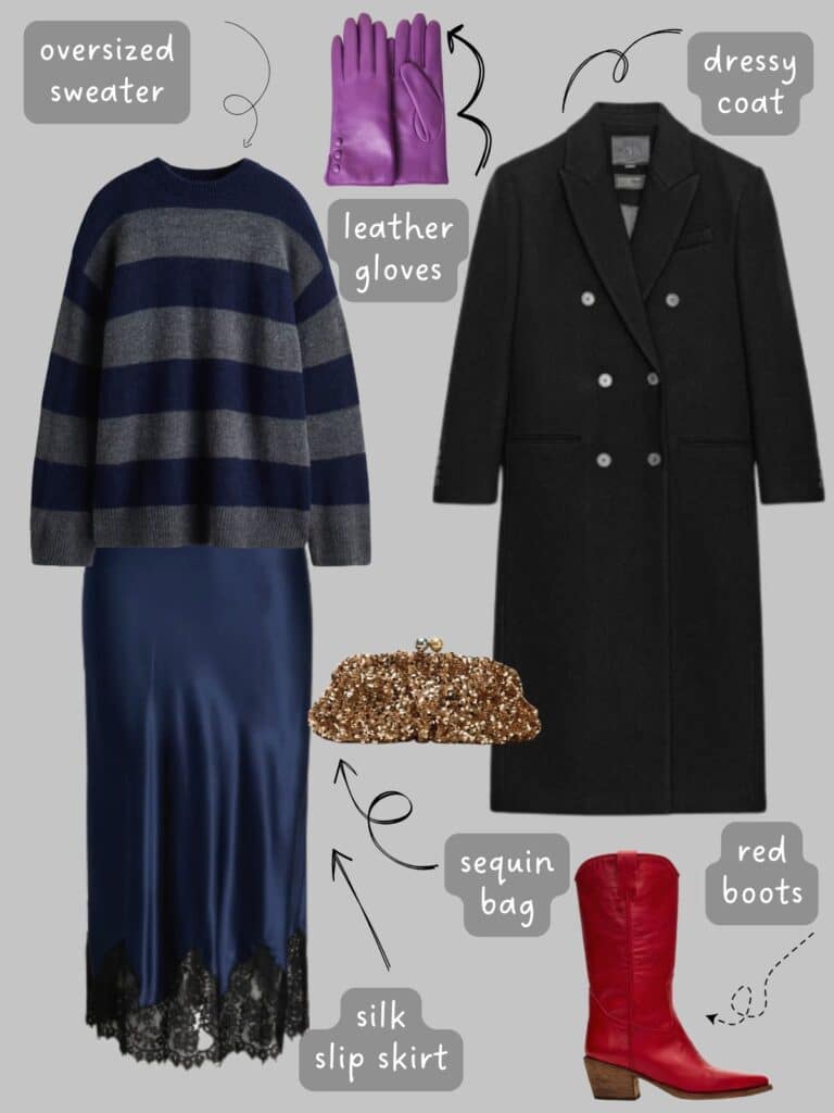 A photo of an outfit of a navy blue and grey striped sweater, a navy slip skirt, black coat, red midi boots, purple gloves, and a sequin bag.