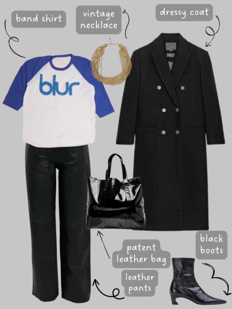 A photo of an outfit of a Blur shirt with black leather pants, a vintage pearl necklace, a dressy black coat, black heeled boots, and a patent leather tote.