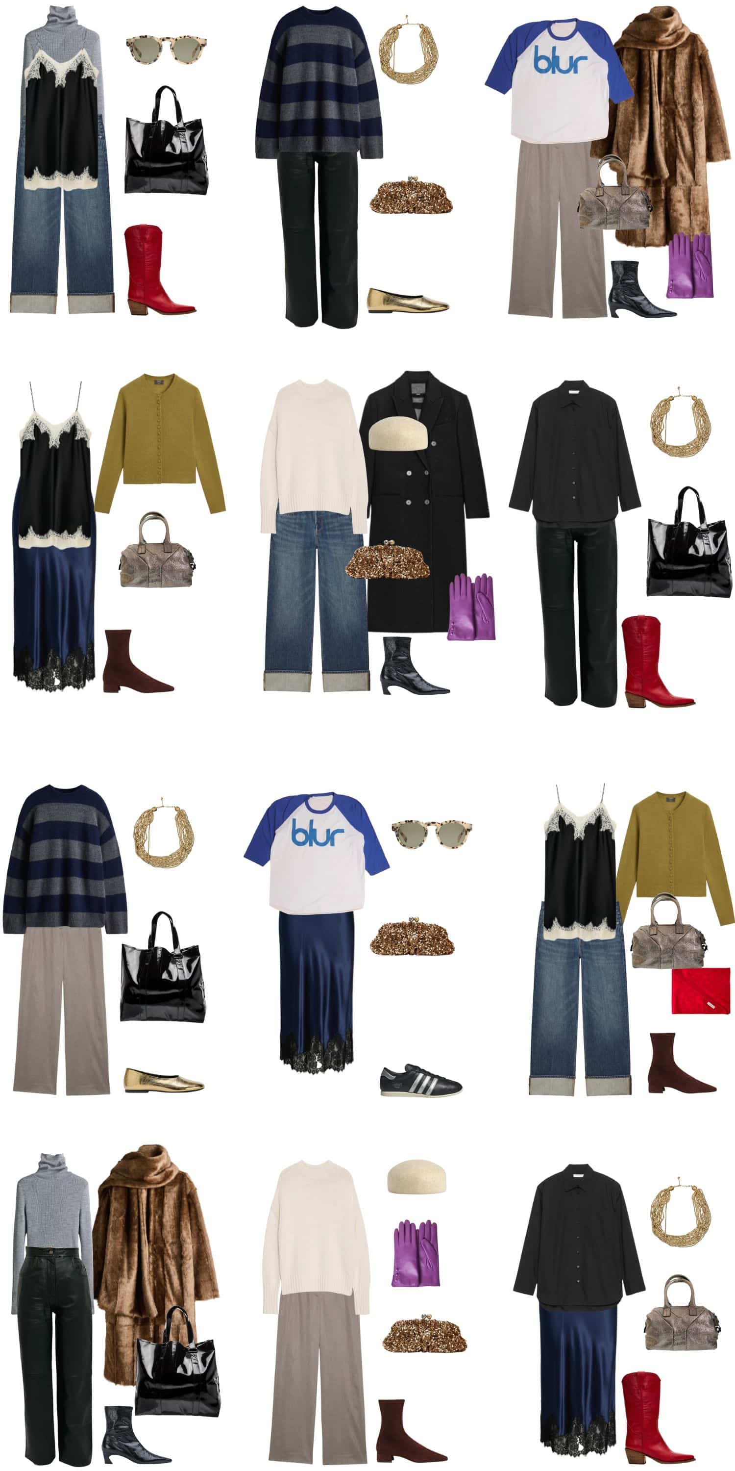 A white background with 12 outfits for A Modern Indie Sleaze Winter Capsule Wardrobe.