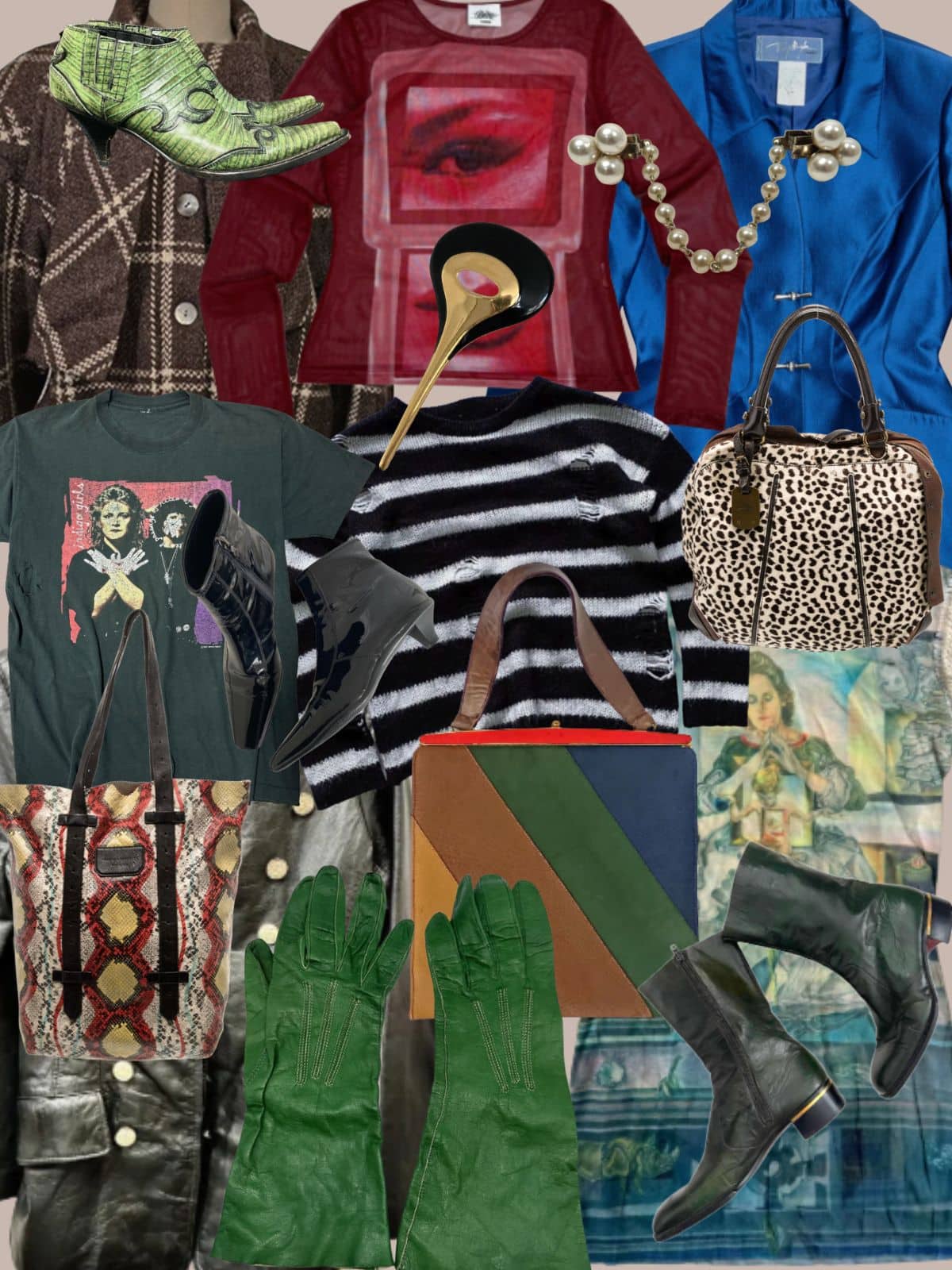 a collage of different types of women's clothing and accessories. All vintage or secondhand.