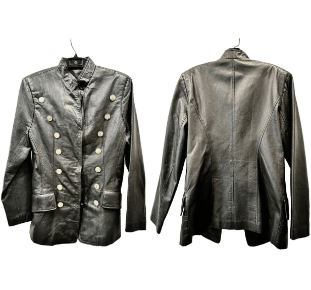 Vintage 90s Black Leather Military Style Jacket with Silver Buttons
