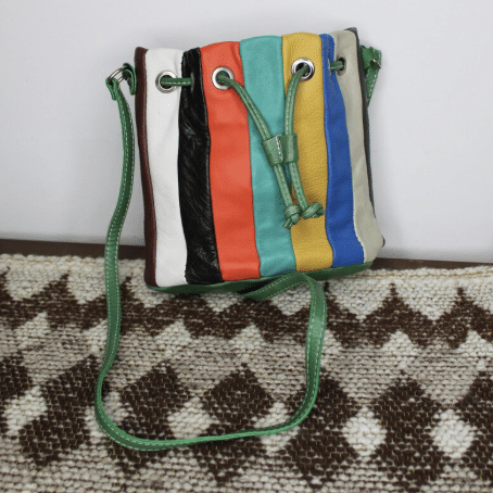 Vintage leather colour blocked stripe mini bucket bag