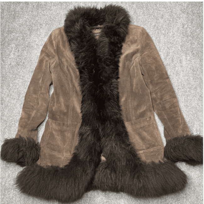 Vtg Guess Leather Lamb Fur Trimmed Coat