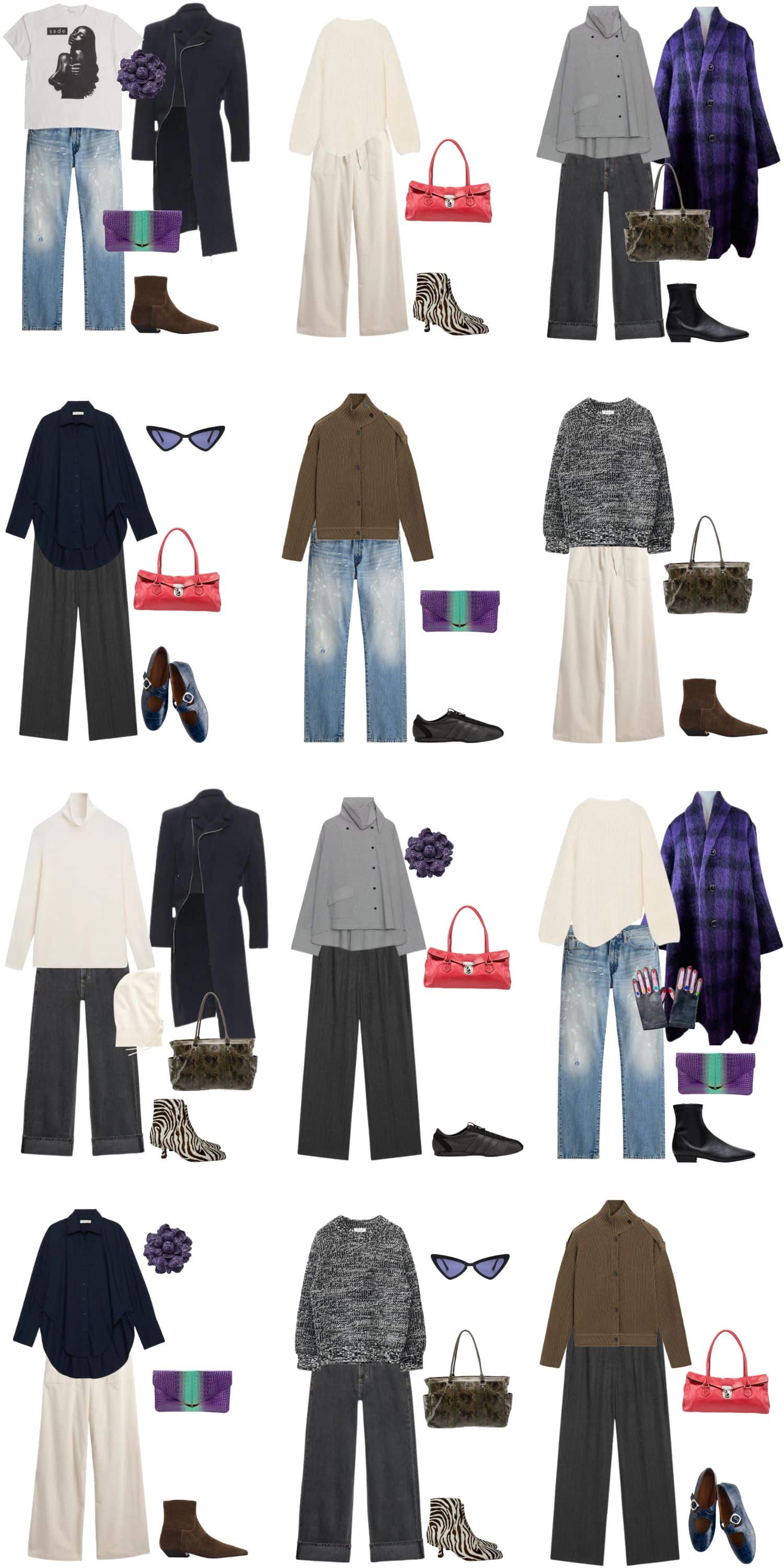 A white background with 12 outfits for A Realistic Winter Capsule for People Who Are Over “Perfect” Wardrobes.