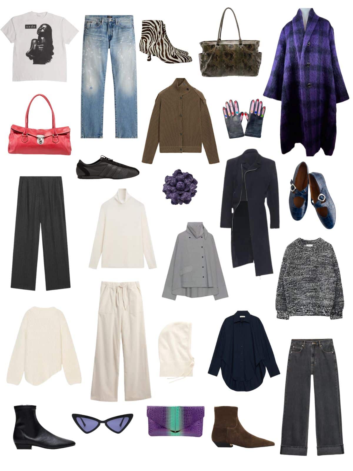 A white background with 13 pieces plus shoes and accessories for A Realistic Winter Capsule Wardrobe.