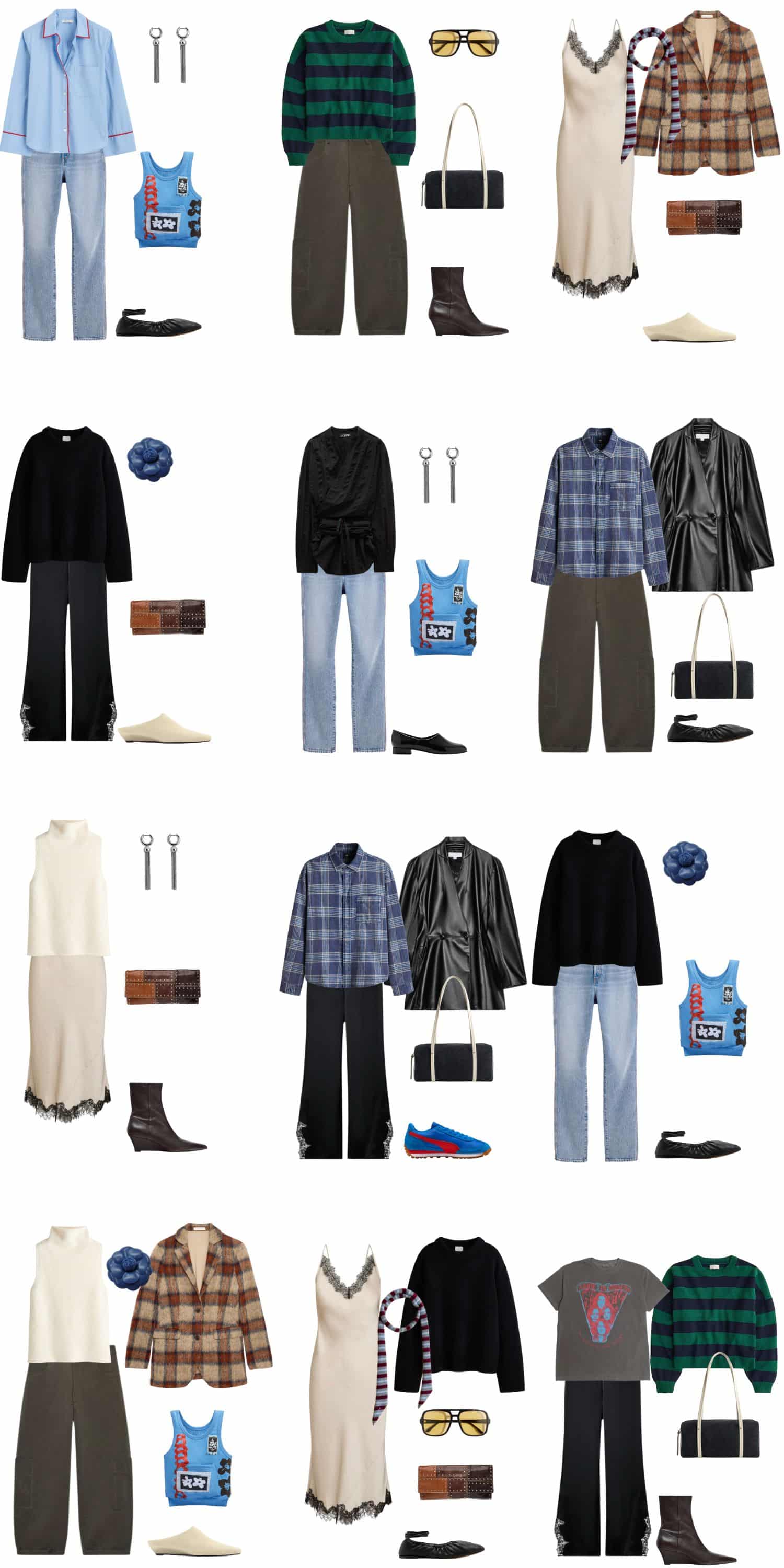 A white background with 12 outfits for Creative, Not Chaotic: The Art School–Inspired Spring Capsule.