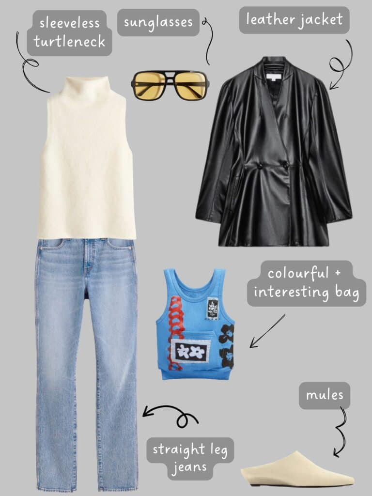 A photo of an outfit of a cream sleeveless turtleneck under a cinch waist leather blazer, vintage wash jeans, cream mules, yellow lens sunglasses, and a blue statement bag.