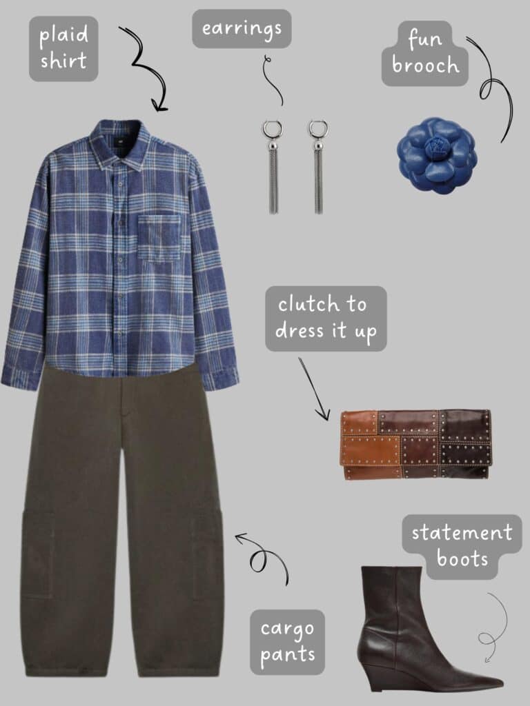 A photo of an outfit of a blue plaid shirt with cropped cargo pants, silver dangling earrings, a blue leather flower brooch, a brown patch leather clutch, and brown wedge boots.