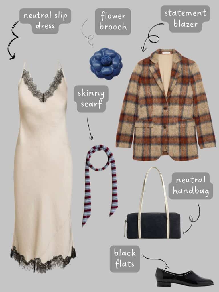 A photo of an outfit of a cream slip dress with black lace trim, a plaid blazer, blue flower brooch, a striped knit skinny scarf, a black handbag with cream straps, and black block heeled flats.
