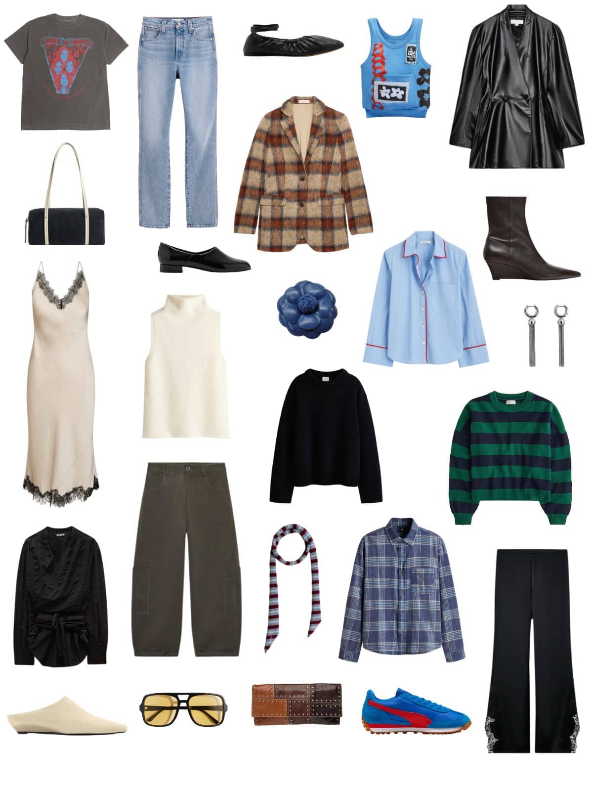 A white background with 13 pieces plus shoes and accessories for The Art School Spring Capsule Wardrobe.