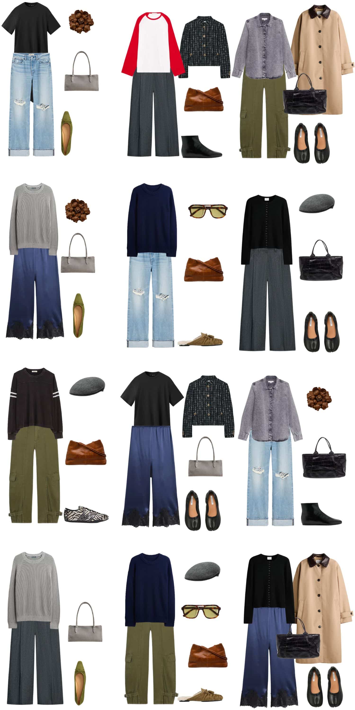 A white background with 12 outfits for The Almost Minimal Spring Capsule: Simple, Personal, and Far From Boring.