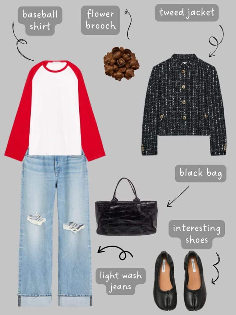 A photo of an outfit of a red & white baseball t-shirt, a tweed jacket, light wash denim, a brown flower brooch, black handbag, and black block heels.
