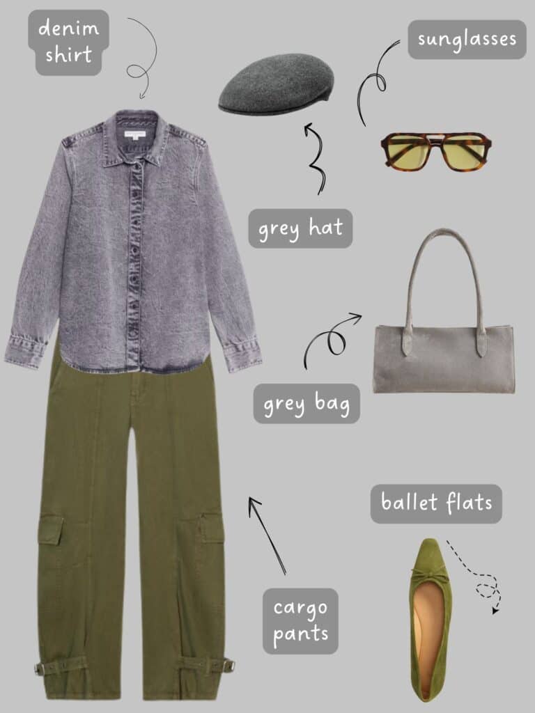A photo of an outfit of a grey denim shirt with green cargo pants, a grey hat, sunglasses, grey bag, and green shoes.