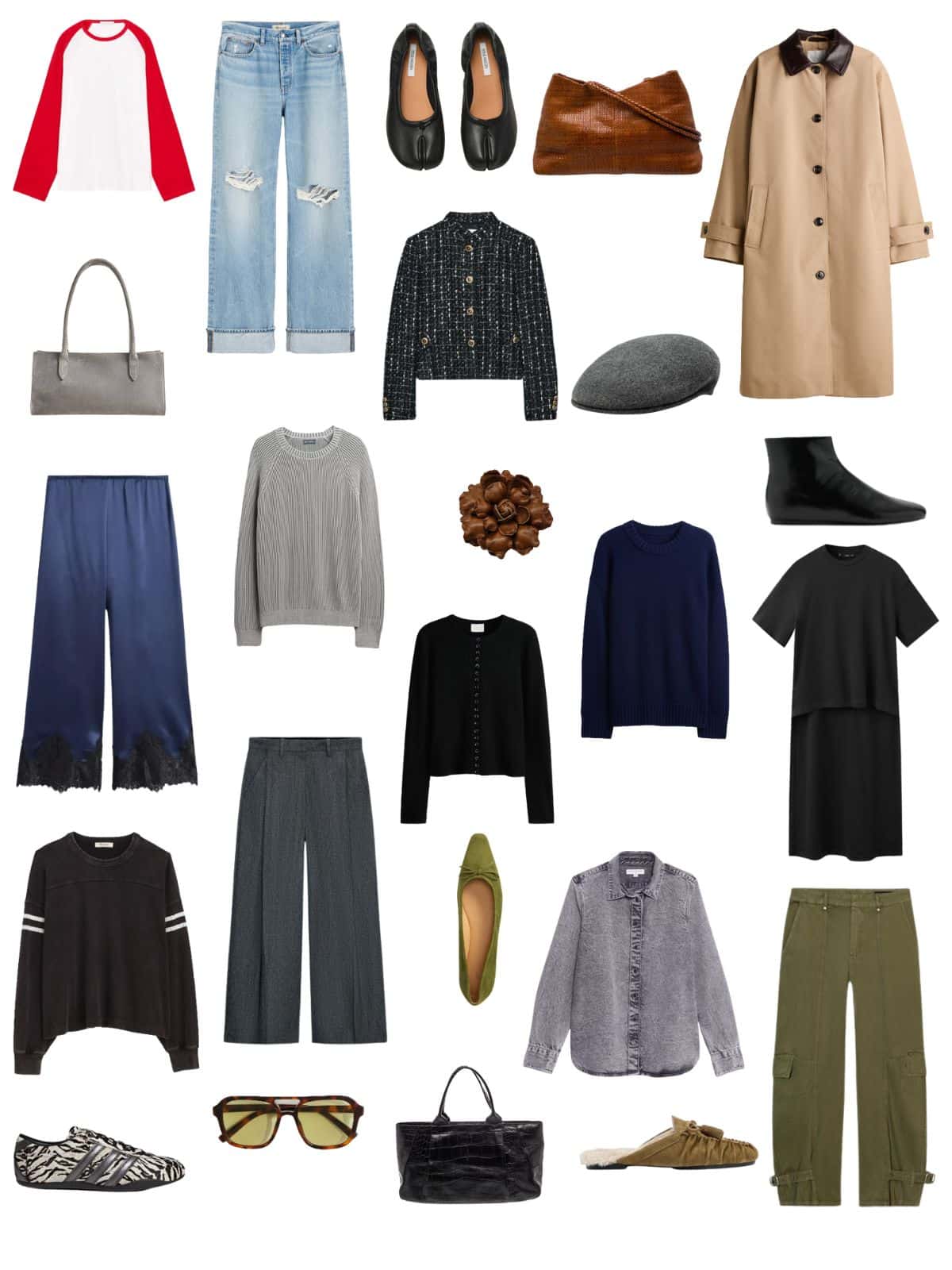 A white background with 13 pieces plus shoes and accessories for The Almost Minimal Spring Capsule Wardrobe.