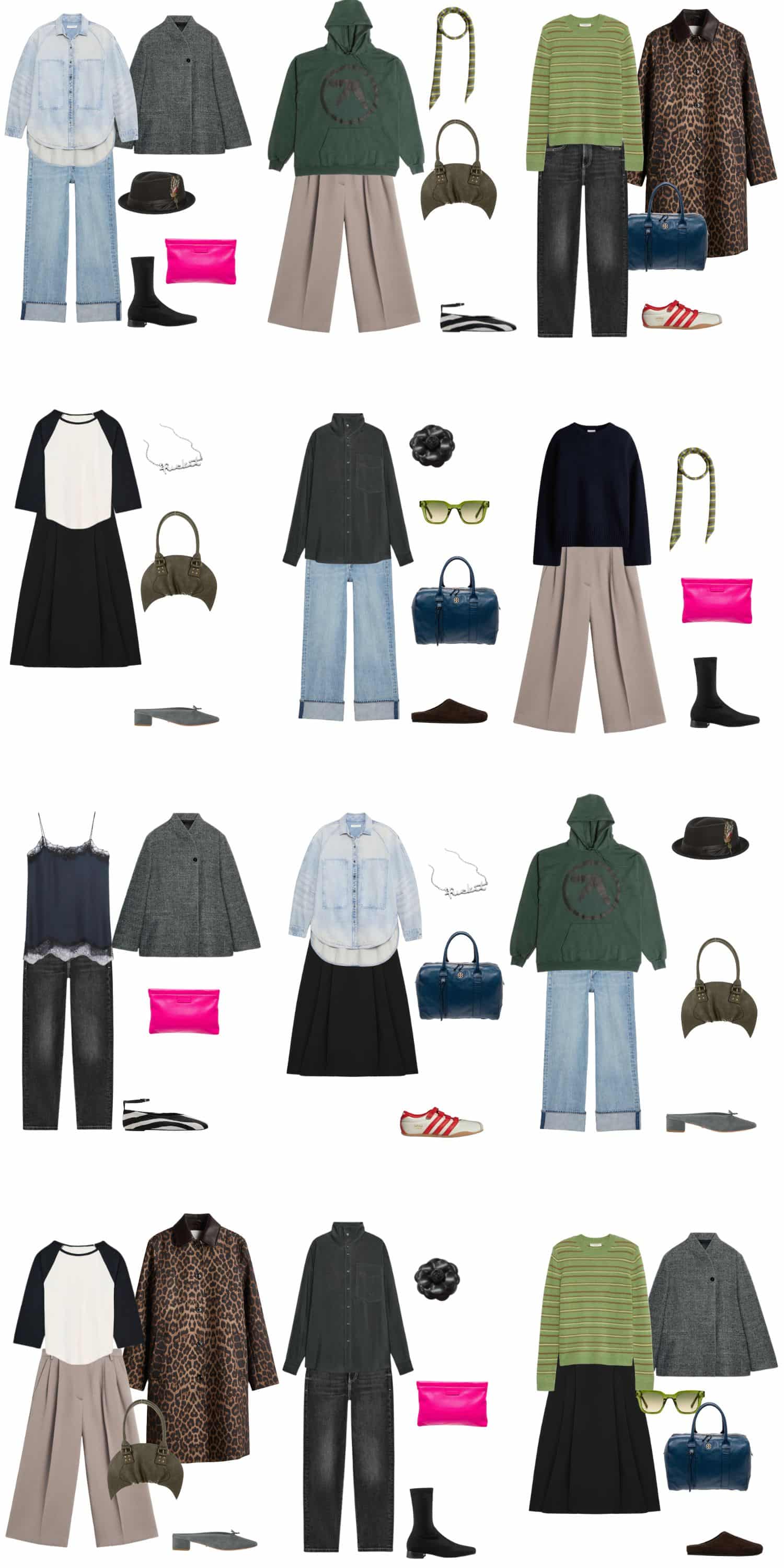 A white background with 12 outfits for The Anti-Capsule Spring Wardrobe: For People Who are Tired of Being Told What to Buy.