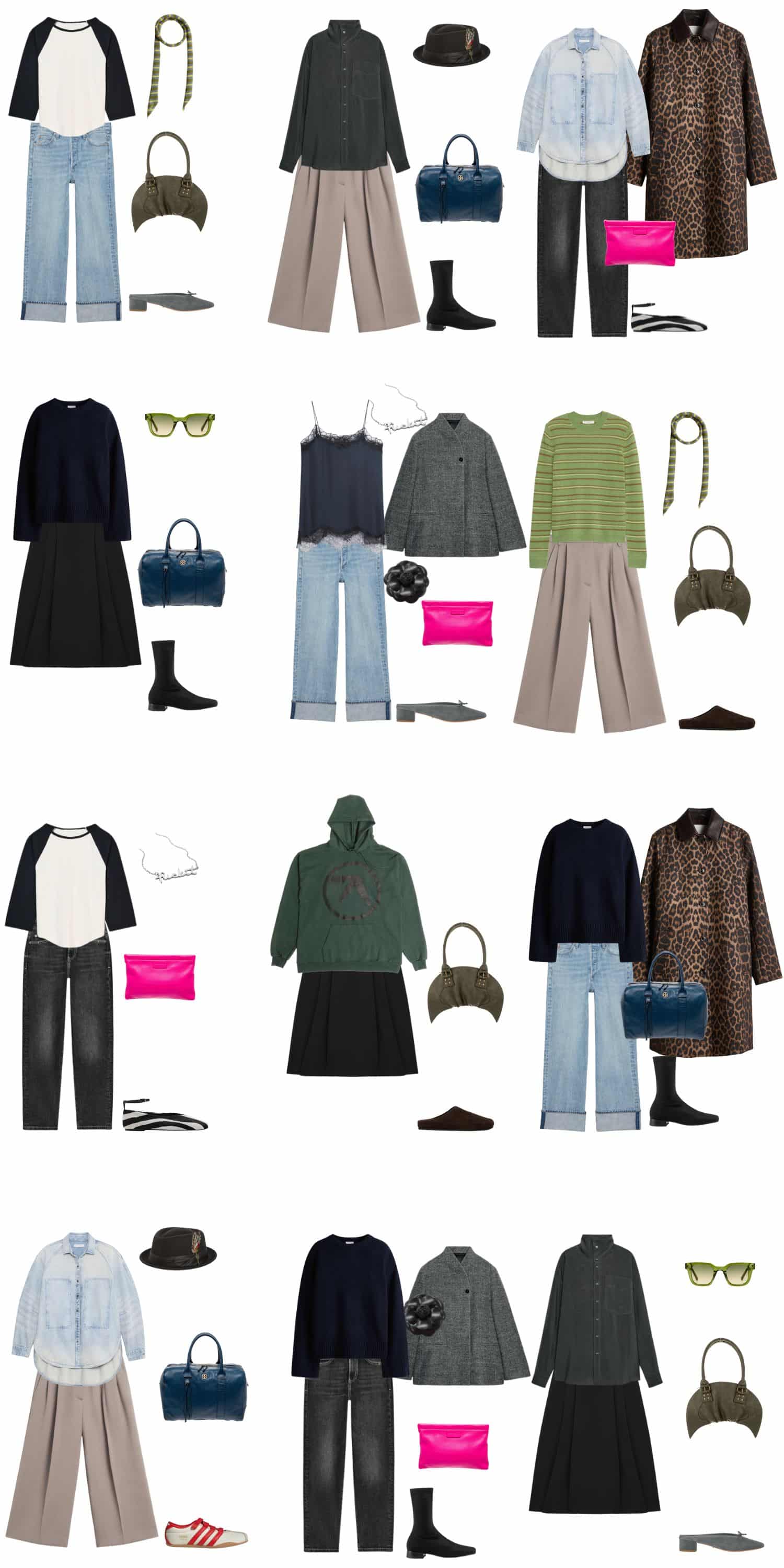 A white background with 12 outfits for The Anti-Capsule Spring Wardrobe: For People Who are Tired of Being Told What to Buy.