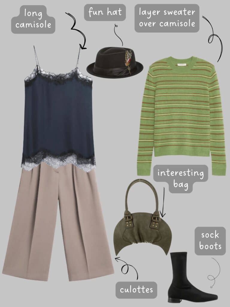 A photo of an outfit of a nevy blue camisole, tan culottes, a green striped sweater, pork pie hat, a crescent bag, and black sock boots.