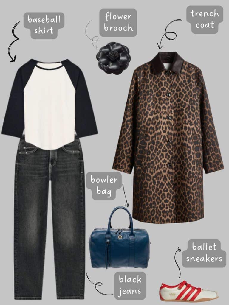 A photo of an outfit of a baseball shirt, black jeans, an animal print trench coat, flower brooch, ballet sneakers, and a blue bowler bag.