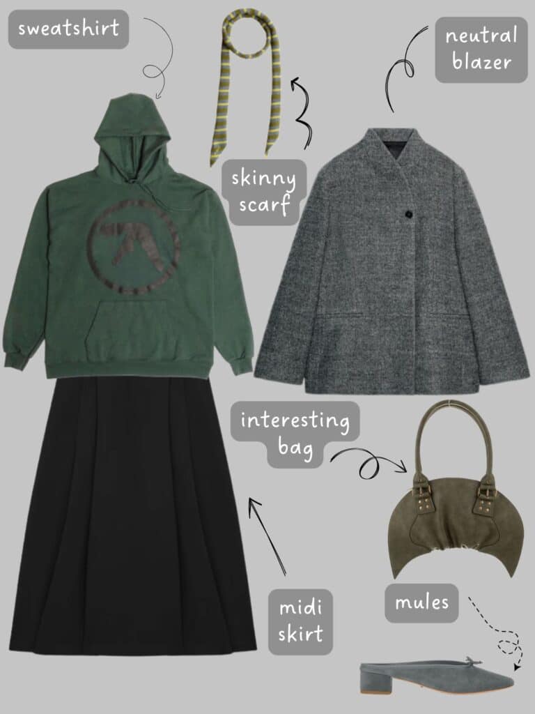 A photo of an outfit of a aphex twin sweatshirt, black midi skirt, grey blazer, green skinny scarf, a crescent bag, and grey mules.