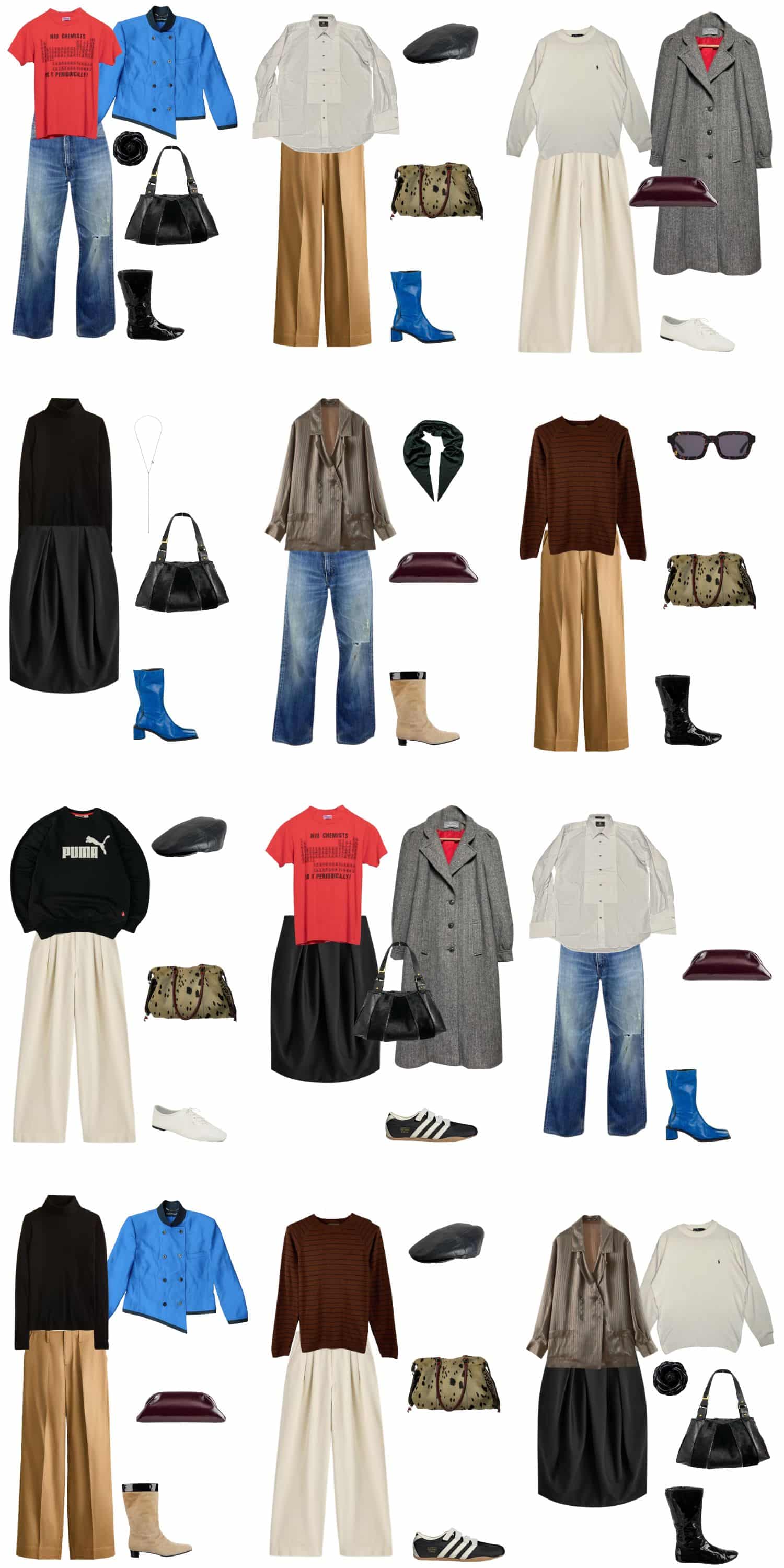 A white background with 12 outfits for The Modern Vintage Collector Capsule Wardrobe.