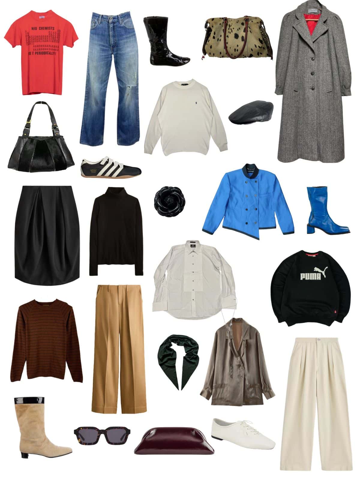 A white background with 13 pieces plus shoes and accessories for The Modern Vintage Collector Capsule Wardrobe.