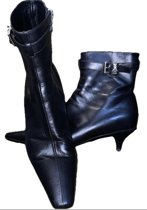 prada kitten heel black leather boots