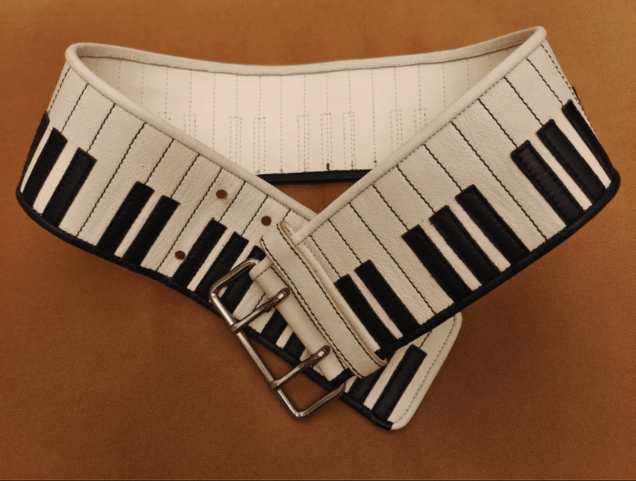 80's Vintage Wide White & Black Real Leather Piano Belt