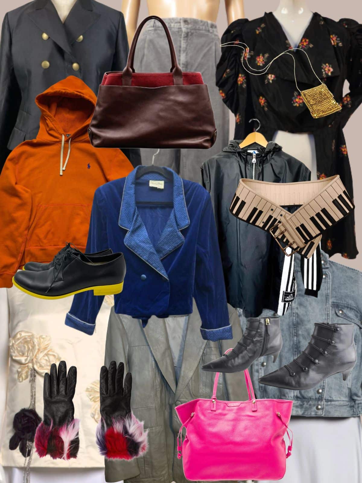 a collage of different types of women's clothing and accessories. All vintage or secondhand.