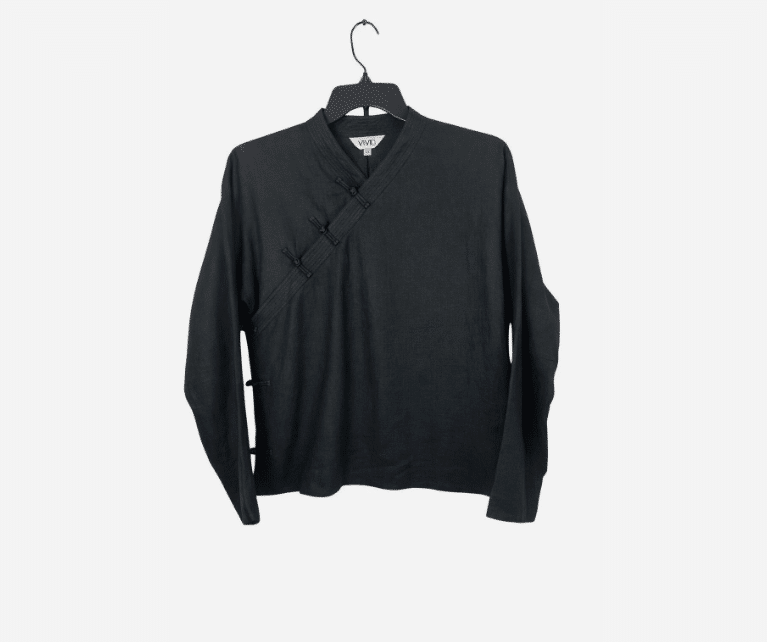 Black Linen Asian Inspired Wrap Top Frog Closure