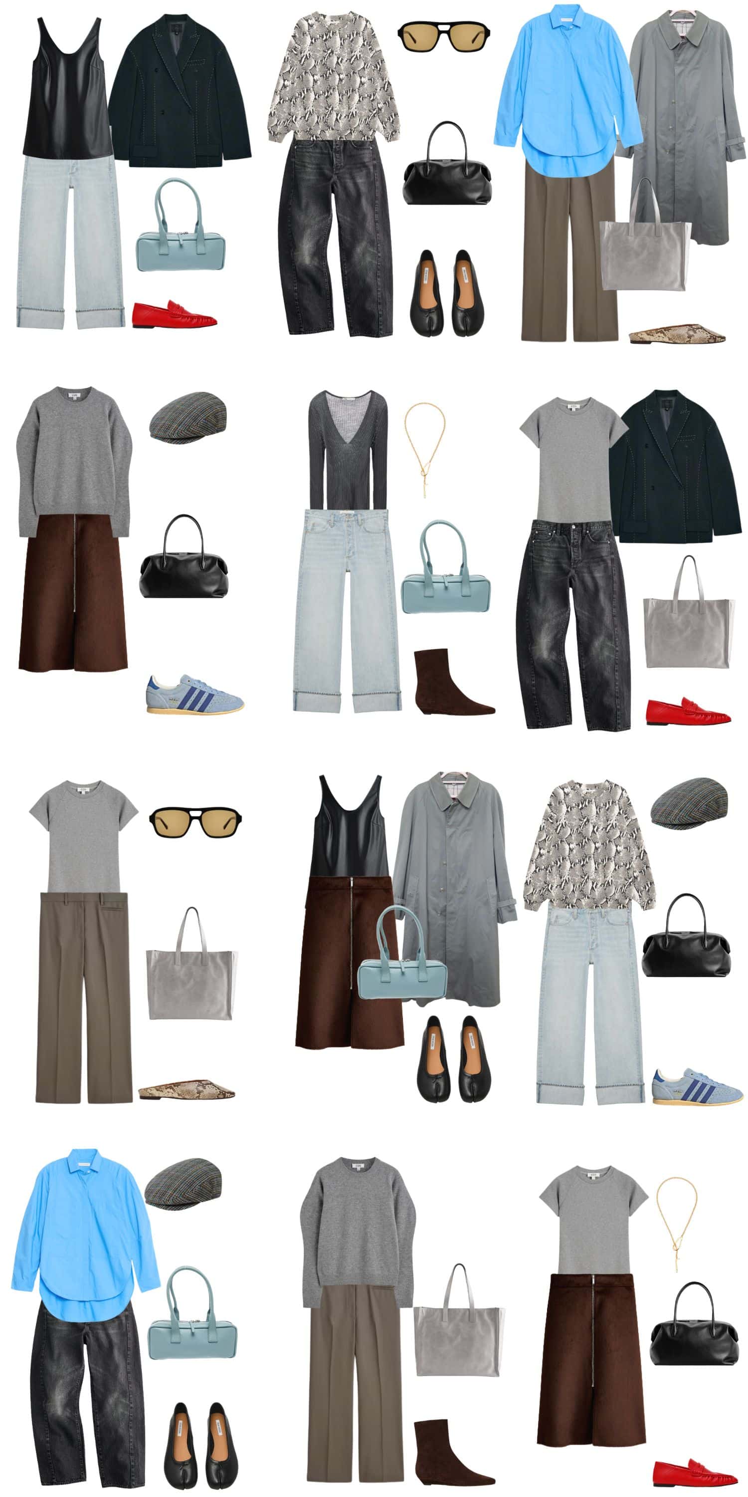 A white background with 12 outfits for The Elevated Minimalist Spring Capsule Wardrobe.