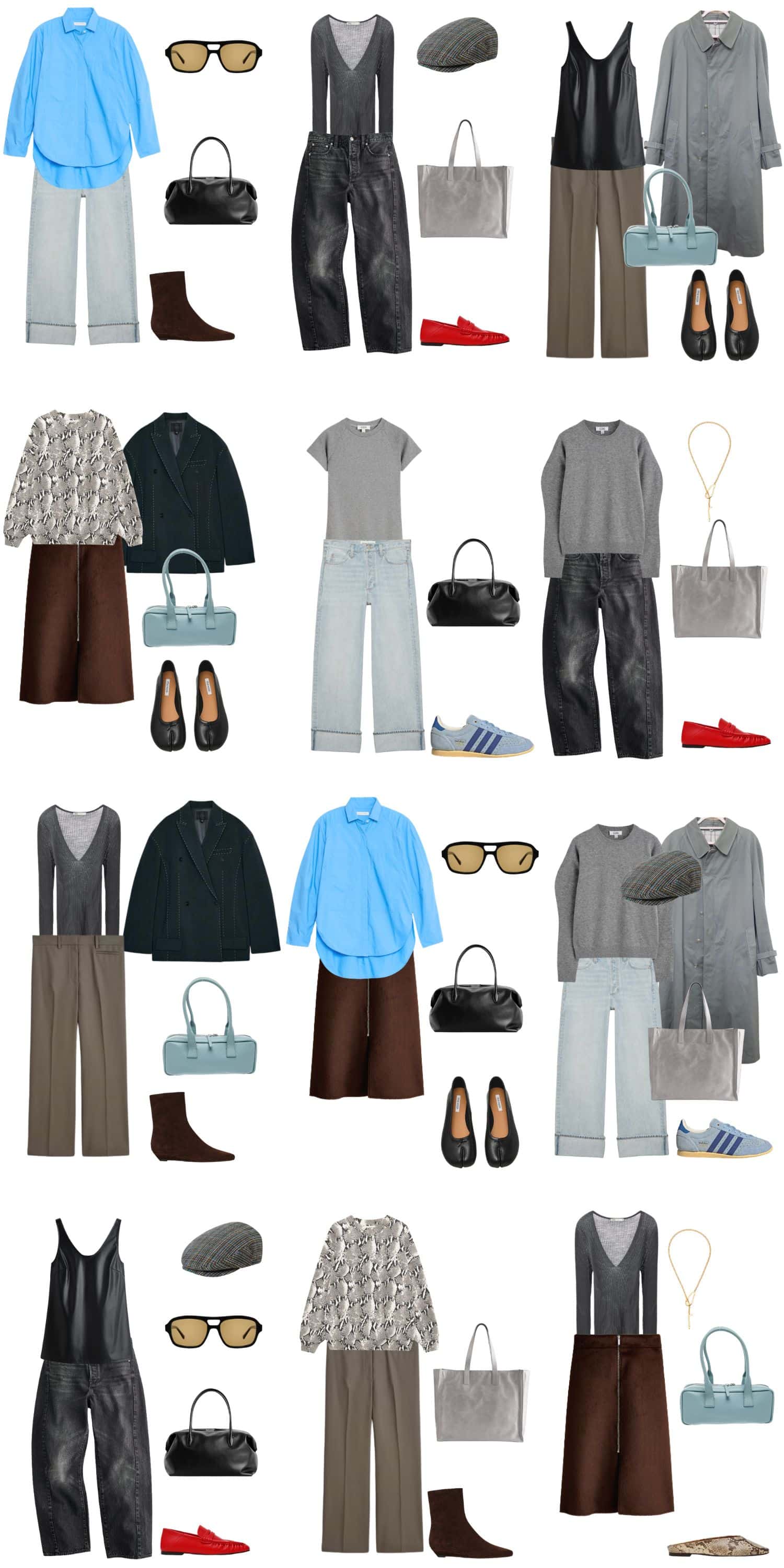 A white background with 12 outfits for The Elevated Minimalist Spring Capsule Wardrobe.