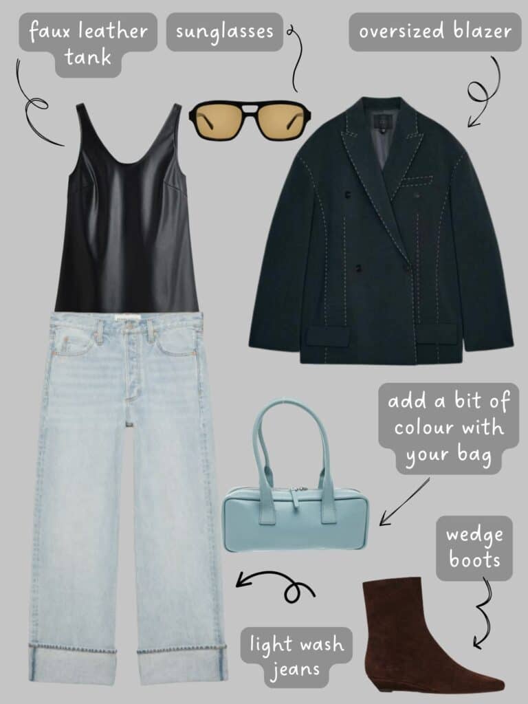 A photo of an outfit of a faux leather tank top with a grey oversized blazer. Light washed jeans with a cuffed hem, a light blue small shoulder bag, brown, suede wedge boots, and sunglasses.