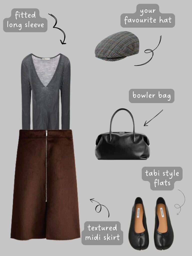 A photo of an outfit of a fitted grey long sleeve, brown faux pony hair skirt, a driving cap, black bowler bag, and black Tabi flats.