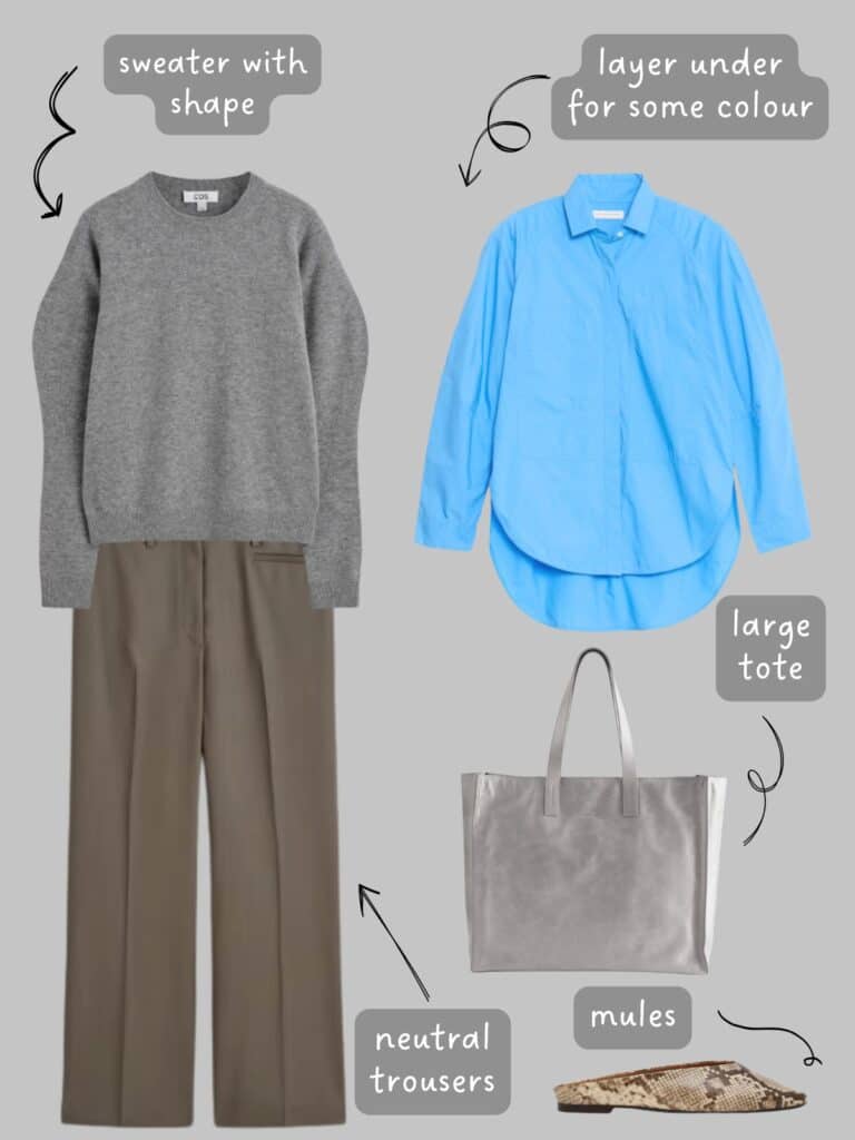 A photo of an outfit of a grey balloon sleeve sweater, taupe trousers, a bright blue button up to layer under, a large grey tote, and snake print mules.