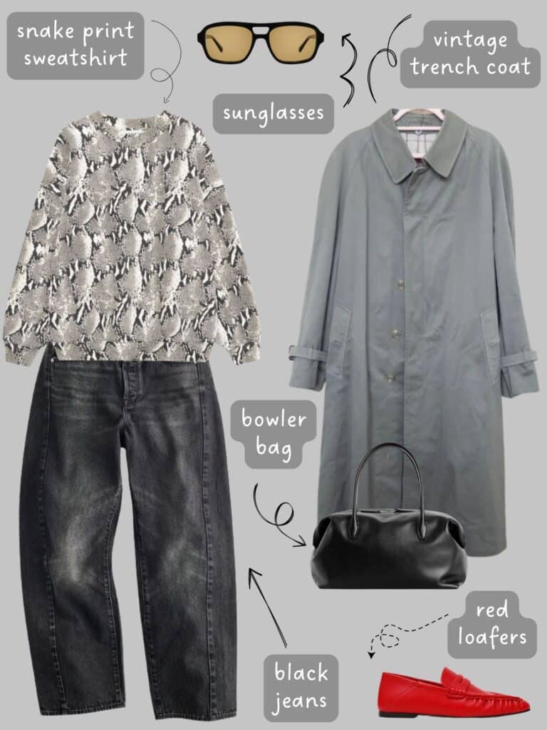 A photo of an outfit of a snake print sweatshirt with black jeans, a grey vintage trench coat, red loafers, a black bowler bag, and sunglasses.