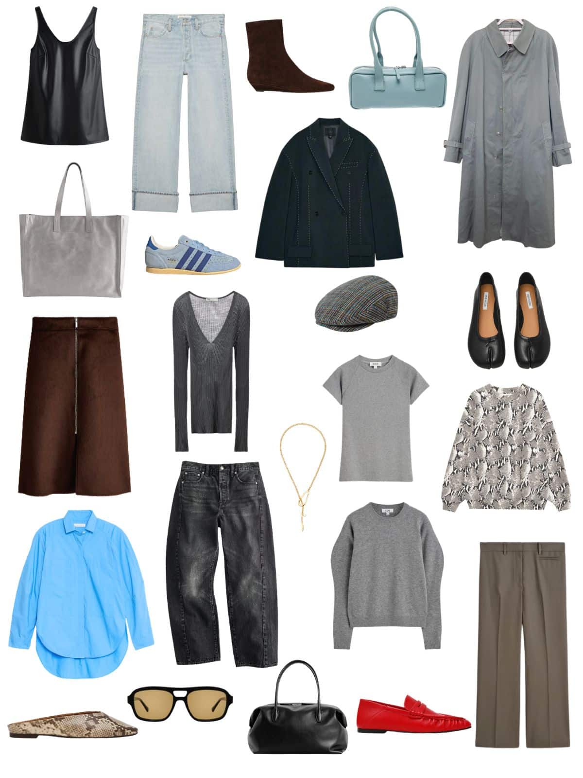 A white background with 12 pieces plus shoes and accessories for Minimalist Spring Capsule Wardrobe.