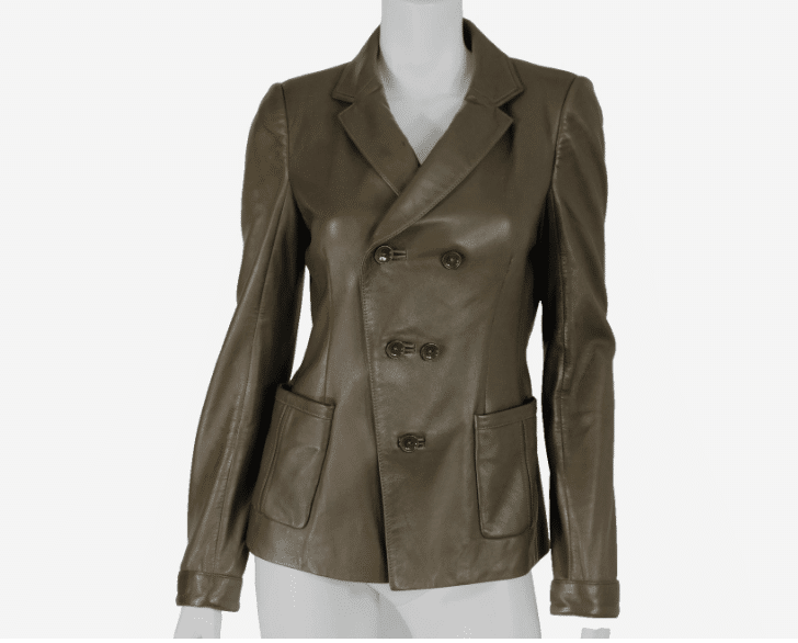 BALENCIAGA Olive Green Leather Double-Breasted Button-Front Blazer Jacket