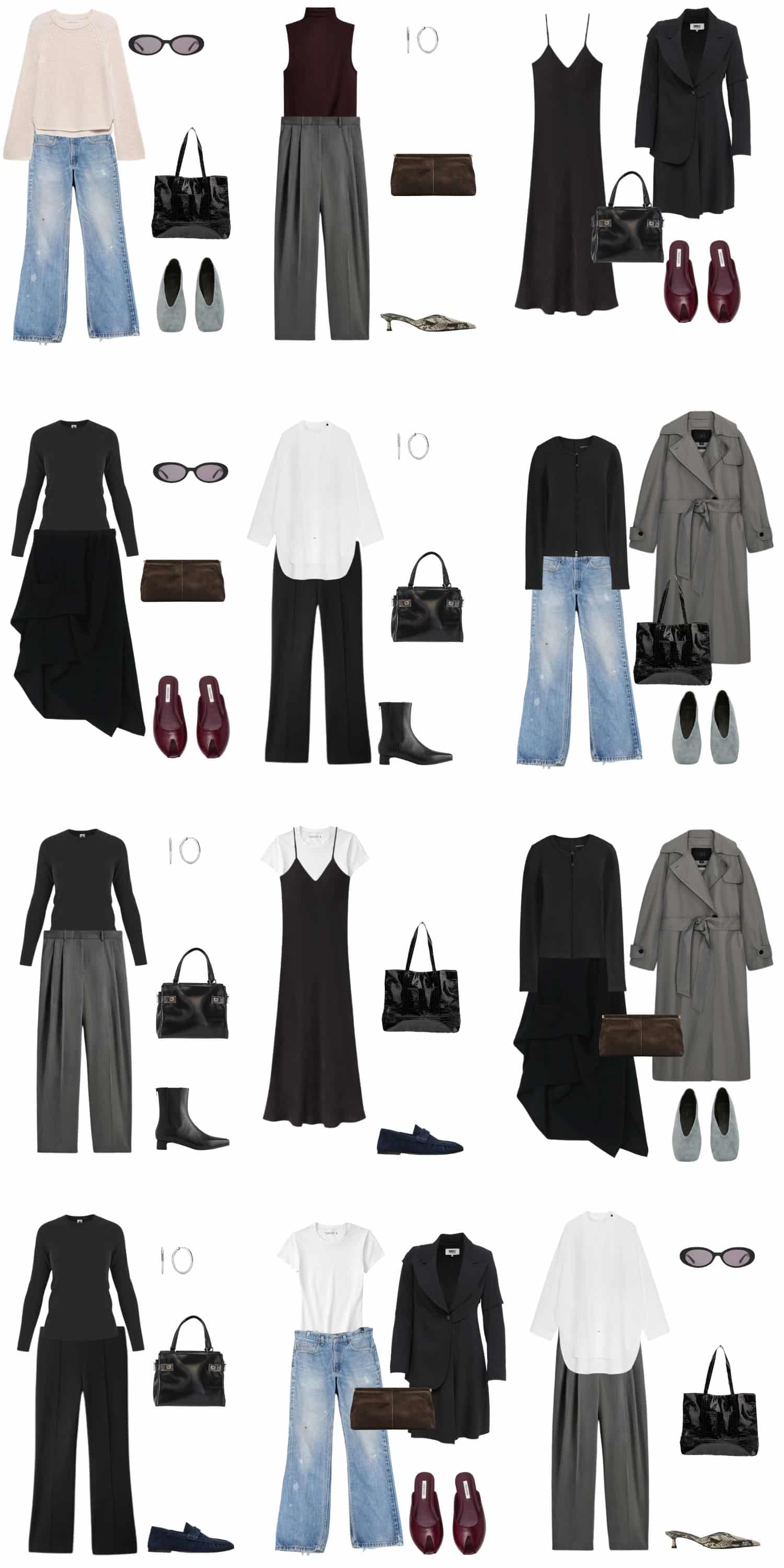 A white background with 12 outfits for The Disciplined Minimalist: A 90s-Inspired Spring Capsule Wardrobe.