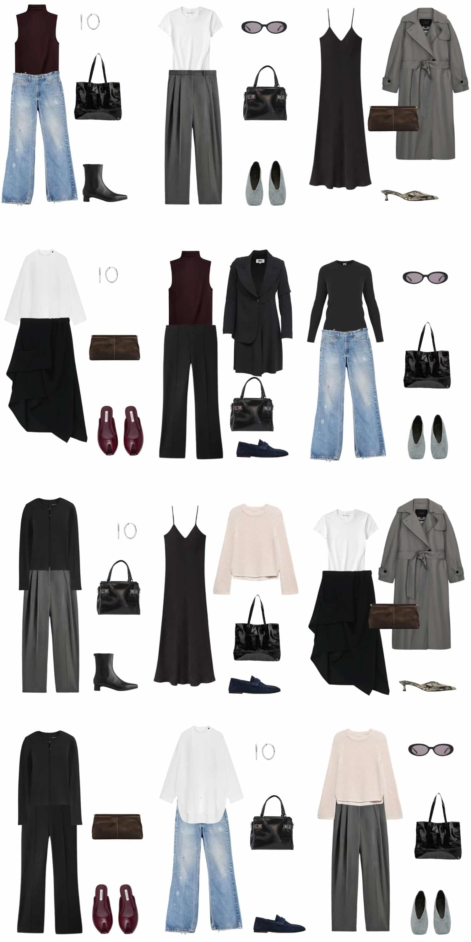 A white background with 12 outfits for The Disciplined Minimalist: A 90s-Inspired Spring Capsule Wardrobe.